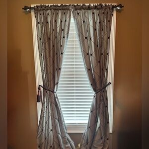 Elegant Blue and Brown Window Curtain Panels WITH Tassels AND Curtain Rod